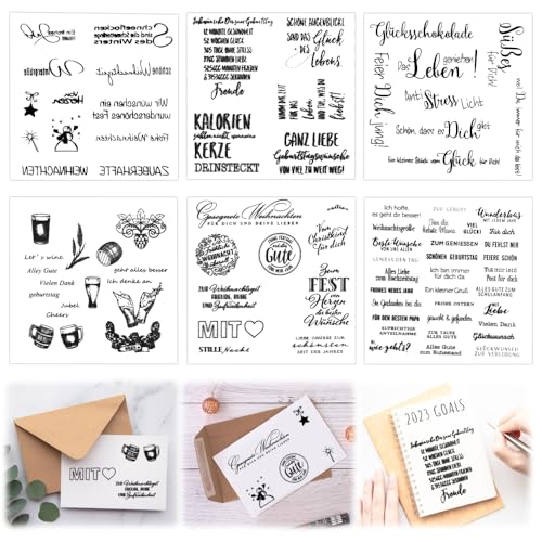 SLTAXAR 6 Blätter Silikon Stempel set Deutsch Silikonstempel Sprüche Deutsch 14*14cm Silikon Stempelset Sprüche Geburtstag Clear Stamp Deutsche Texte Glückwünsche Clearstamps Ostern für Kartenbasteln von SLTAXAR