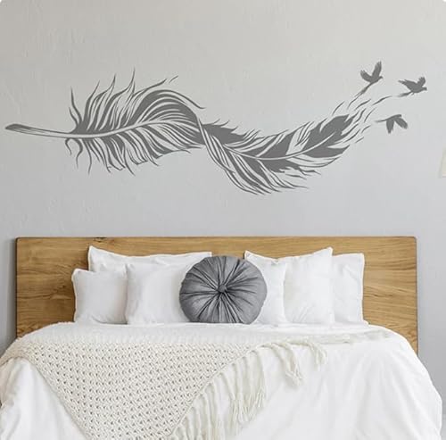 Wandtattoo Locken Federn mit fliegenden Vögeln Freies Wandtattoo Schlafzimmer Wohnzimmer, grau, 56cm Breite x 18cm hoch Selbstklebende abnehmbare moderne Vinyl Poster Aufkleber von SMALLSNOT