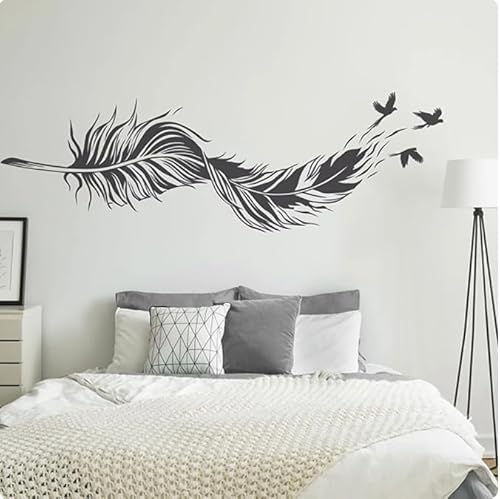 Wandtattoo gebogene Feder mit fliegenden Vögeln Freies Wandtattoo Schlafzimmer Wohnzimmer, schwarz, 90 cm Breite x 28 cm hoch selbstklebender abnehmbarer moderner Vinyl-Poster-Aufkleber von SMALLSNOT