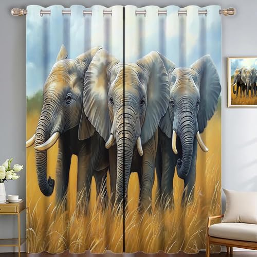 SMBHIAON Afrikanische Graslandschaften Gardinen 2er Set - Tiere Elefanten Küchen Vorhänge H137 × B117 cm (2er Pack) Blickdichte Gardinen, Verdunklungsvorhänge Kinderzimmer Thermovorhang gegen von SMBHIAON