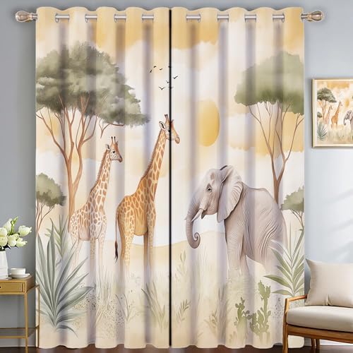 SMBHIAON Afrikanische Savanne Gardinen 2er Set - Giraffen Elefanten Küchen Vorhänge H137 × B117 cm (2er Pack) Blickdichte Gardinen, Verdunklungsvorhänge Kinderzimmer Thermovorhang gegen von SMBHIAON