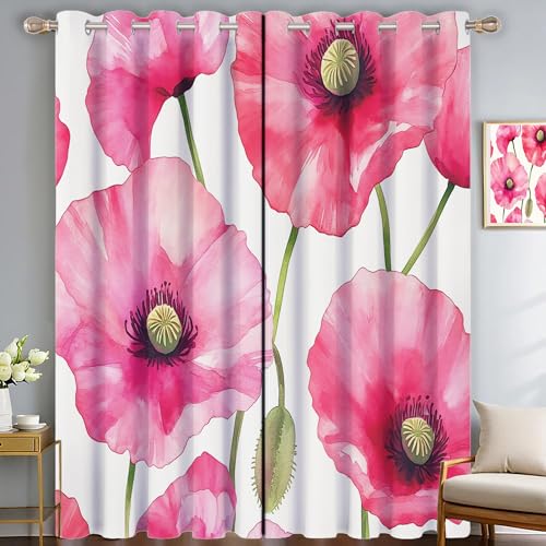 SMBHIAON Aquarell Blumen Gardinen 2er Set - Rosa Mohnblumen Küchen Vorhänge H137 × B117 cm (2er Pack) Blickdichte Gardinen, Verdunklungsvorhänge Kinderzimmer Thermovorhang gegen von SMBHIAON