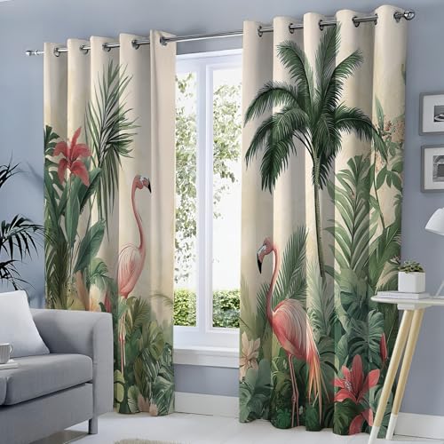 SMBHIAON Dschungel-Illustration Gardinen 2er Set - Palmen Flamingo Küchen Vorhänge H260 × B140 cm (2er Pack) Blickdichte Gardinen, Verdunklungsvorhänge Kinderzimmer Thermovorhang gegen von SMBHIAON