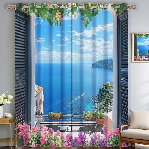 SMBHIAON Gardinen Kinderzimmer Schlafzimmer H137 × B117 cm (2Er Pack) Blumen Und Blauer Himmel Polyester Vorhänge 3D Weites Meer Muster Blickdicht Ösenvorhang 2Er Set von SMBHIAON