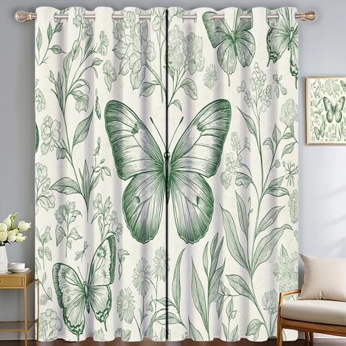 SMBHIAON Gardinen Kinderzimmer Schlafzimmer H137 × B117 cm (2Er Pack) Schmetterling Und Blume Polyester Vorhänge 3D Botanische Illustration Muster Blickdicht Ösenvorhang 2Er Set von SMBHIAON