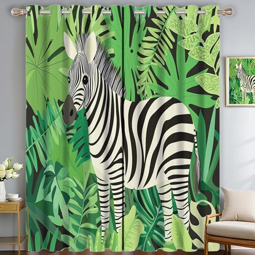 SMBHIAON Gardinen Kinderzimmer Schlafzimmer H137 × B117 cm (2Er Pack) Tier Zebra Polyester Vorhänge 3D Dschungel Grüne Blätter Muster Blickdicht Ösenvorhang 2Er Set von SMBHIAON