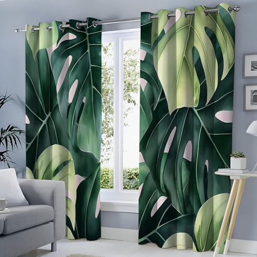 SMBHIAON Grüne Pflanzen Gardinen 2er Set - Aquarell Monstera Blätter Küchen Vorhänge H137 × B117 cm (2er Pack) Blickdichte Gardinen, Verdunklungsvorhänge Kinderzimmer Thermovorhang gegen von SMBHIAON