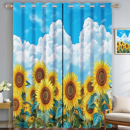 SMBHIAON Natürliche Blumenlandschaft Gardinen 2er Set - Sonnenblumenfeld Küchen Vorhänge H175 × B140 cm (2er Pack) Blickdichte Gardinen, Verdunklungsvorhänge Kinderzimmer Thermovorhang gegen von SMBHIAON