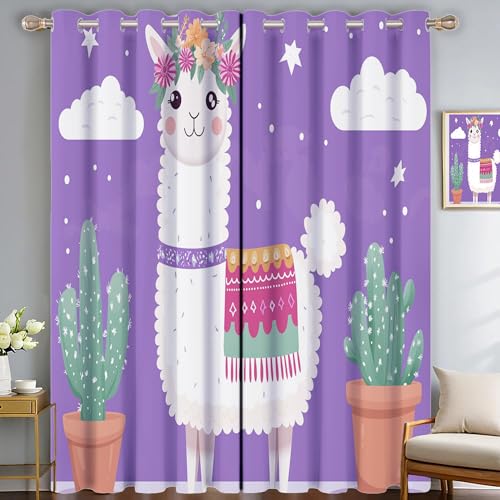 SMBHIAON Süße Tiere Gardinen 2er Set - Cartoon Alpaka Küchen Vorhänge H137 × B117 cm (2er Pack) Blickdichte Gardinen, Verdunklungsvorhänge Kinderzimmer Thermovorhang gegen von SMBHIAON