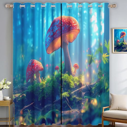 SMBHIAON Wald Hintergrund Gardinen 2er Set - Glühen Pilze Küchen Vorhänge H210 × B132 cm (2er Pack) Blickdichte Gardinen, Verdunklungsvorhänge Kinderzimmer Thermovorhang gegen von SMBHIAON