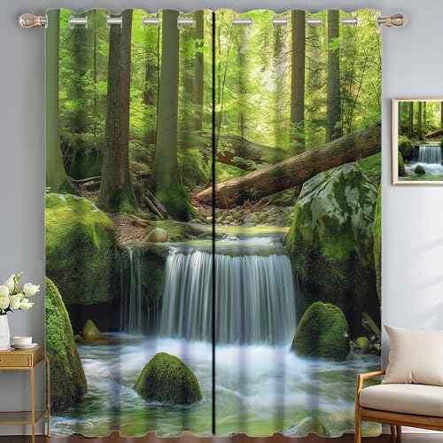 SMBHIAON Wald Wasserfall Gardinen 2er Set - Moos Felsen Küchen Vorhänge H175 × B140 cm (2er Pack) Blickdichte Gardinen, Verdunklungsvorhänge Kinderzimmer Thermovorhang gegen von SMBHIAON