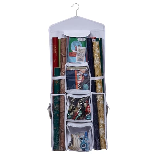 SMELEYOU Geschenkpapier Aufbewahrung Weihnachtsgeschenkpapier Organizer 41 * 102 cm Weihnacht Veranstalter mit klaren Taschen hängende Aufbewahrung Geschenkpapierrollen von SMELEYOU