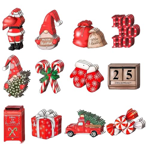 SMELEYOU Mini Weihnachtsfiguren 36 StüCk Holzfiguren Weihnachtsbaum HäNgende SüßIgkeitenausschnitte Roter Zwerg Weihnachtsmann LKW Handschuhe Miniatur Weihnachtsschmuck Mit Sackleinenseil von SMELEYOU