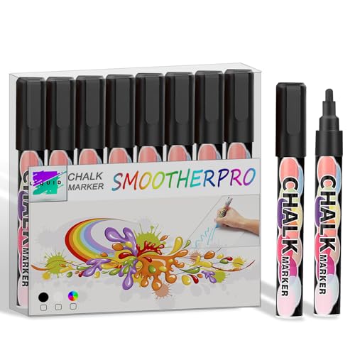 SMOOTHERPRO 8 Kreidestifte Kreidemarker Tafel Stifte Schwarz Trocken Abwischbare Marker für Tafelschilder Fenster und Glas(CMP008B) von SMOOTHERPRO