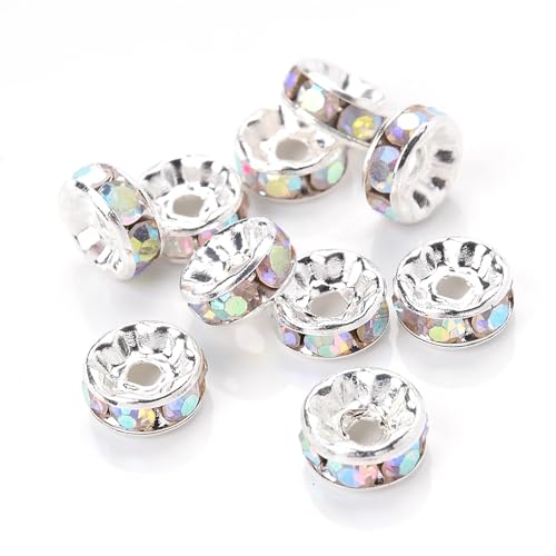 Perlen Spacer 50/100 Stück Strass-Abstandshalterperlen Mix Farbe Kristall Metall Abstandshalter for Schmuckherstellung DIY Ohrringe Armbänder Zubehör(Plate AB,10mm 50pcs) von SMSPRY