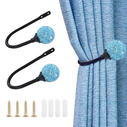 2 Stück Vorhanghalter Kristall Gardinenhalter Raffhalter Wand Schwarz Metallvorhanghalter Mit Glitzer Blau Strass-Kugeln Montiert Vorhang Holdbacks U-Form Wandhaken für Gardinen Kleidung Hut von SMTCM