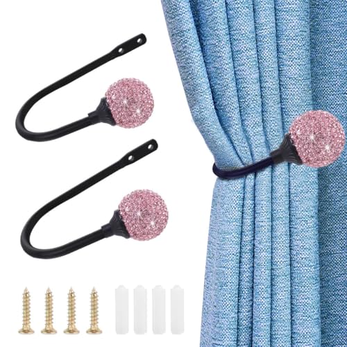 2 Stück Vorhanghalter Kristall Gardinenhalter Raffhalter Wand Schwarz Metallvorhanghalter Mit Glitzer Rosa Strass-Kugeln Montiert Vorhang Holdbacks U-Form Wandhaken für Gardinen Kleidung Hut von SMTCM