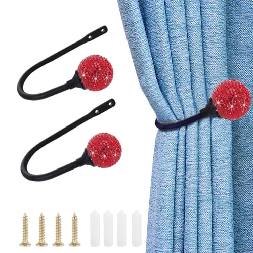 2 Stück Vorhanghalter Kristall Gardinenhalter Raffhalter Wand Schwarz Metallvorhanghalter Mit Glitzer Rot Strass-Kugeln Montiert Vorhang Holdbacks U-Form Wandhaken für Gardinen Kleidung Hut von SMTCM