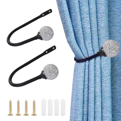 2 Stück Vorhanghalter Kristall Gardinenhalter Raffhalter Wand Schwarz Metallvorhanghalter Mit Glitzer Weiß Strass-Kugeln Montiert Vorhang Holdbacks U-Form Wandhaken für Gardinen Kleidung Hut von SMTCM