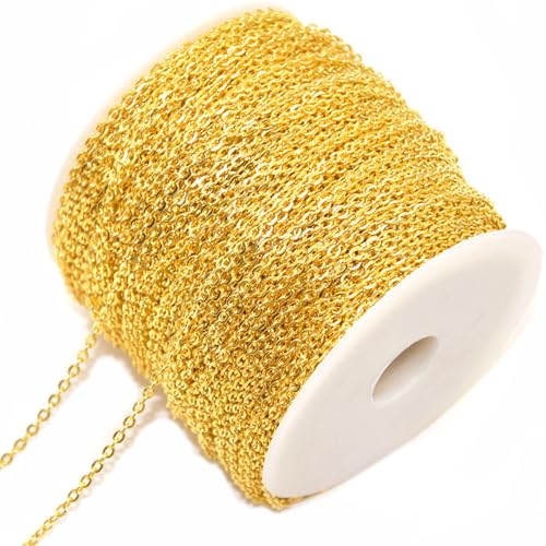 SMTCM 10m Gliederkette Gold Meterware 2 * 3mm O Kettenspule Metallkette Roll Eisen Kabelkette Bastelnkette Schmuckherstellung Link Kette Bulk Chain für DIY Halskette Ohrringe Armband Verlängerung von SMTCM