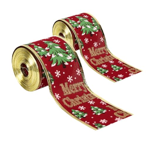 SMTCM 2 Roll Weihnachtsband mit Draht 5CM Rot Weihnachtsbaum Band Geschenkband mit Merry Christmas Tree Schneeflocke Schleifenband Juteband Druckte Weihnachten Dekoband für Kränze Baums DIY Basteln von SMTCM