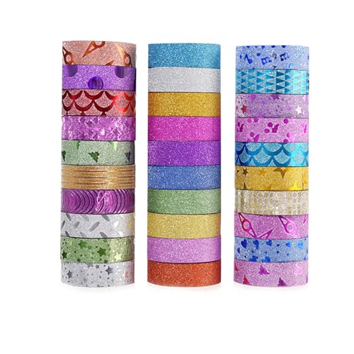 SMTCM 30 Rollen Washi Tape Set Glitzer Klebeband 15mm*3m Buntes Abdeckband Glitzerband Selbstklebend Geschenkband Washi Masking Tape Dekorative Klebeband Papier Dekoband für Scrapbooking Album DIY von SMTCM