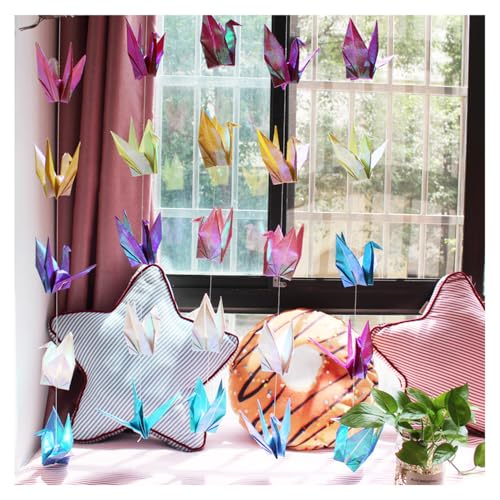 SMTCM Glitzer Origami Papier Kranich Girlanden zum Aufhängen Papierkraniche handgefertigt vorgefertigt gefaltet Origami Papier Vogel Luftschlangen für Frieden Hochzeit Geschenk Party(5Saiten,50Stück) von SMTCM