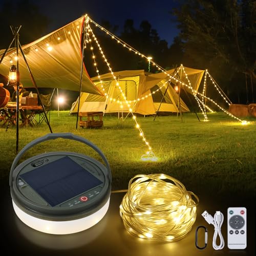 SMY Lighting Solar Camping Lichterkette Außen, 13M 160LED Camping Lichterkette mit Fernbedienung, Wiederaufladbar über USB, Aufrollbar Solar Lichterkette für Camping, Wandern, Garten, Festival Dekor von SMY Lighting