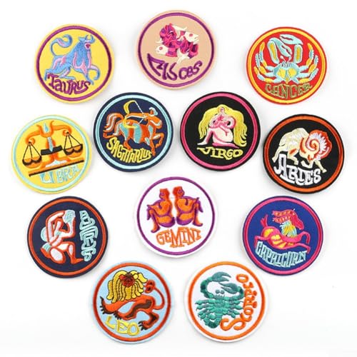 Zeigen Sie stolz Ihr Sternzeichen mit diesem Patch-Set mit 12 bestickten Abzeichen im Cartoon-Stil von SMZhomeone