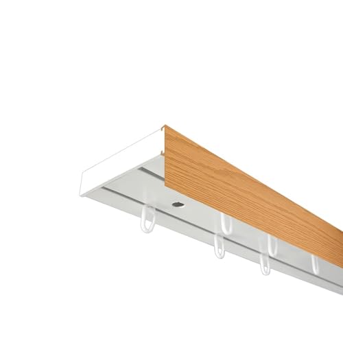 SN Deco - Vorhangschiene SH Set, Gardinenschiene, vorgebohrt, m. Blende Eiche, Komplettes Zubehör und Röllchen (Schiene Weiß, 2-läufig, Blende Eiche 7.5 cm, 200 cm) von SN DECO GROUP