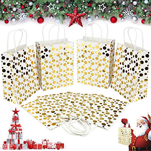 SNAGAROG 24 Stück Geschenktüten Goldene Papiertüten Tupfen Geschenktasche mit Henkel Tragbare Kraftpapiertüten für Weihnachten, Geburtstag, Hochzeit, Einkaufen (8,07 x 5,71 x 3,15 Zoll) von SNAGAROG