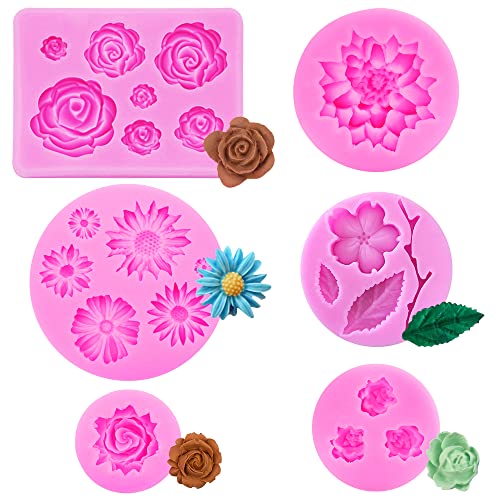 SNAGAROG 6 Stück Fondant Silikonformen Blume 3D Backform Silikon Rosenform 3D Fondant Formen Rose Modellierform kuchenform Kerzen Gießformen Silikonformen für Schokolade, Gelee, Kerzen, Seife von SNAGAROG