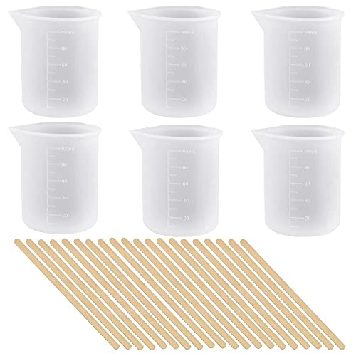 SNAGAROG 6 Stück Silikon Messbecher 100ml Mischbecher Antihaft Mischbecher (7x 6.5x 5.5cm) mit 20 Stück Holzrührstäbchen (14cm) Epoxidharz Becher Set Lackmischbecher aus Silikon für DIY, Waxing, Art von SNAGAROG