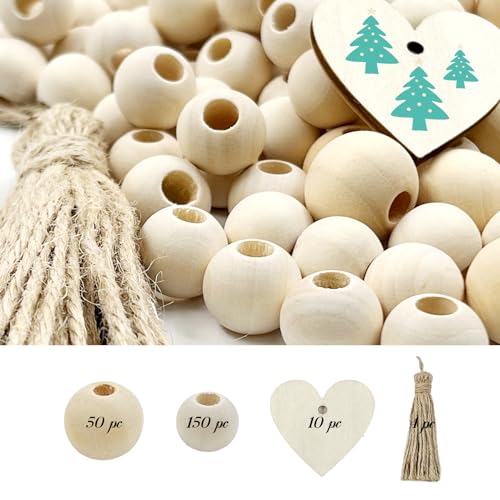 SNAIL GARDEN 200pcs Holzperlen Set von 2 Größen (16mm/20mm) mit 10pcs hölzerne Herzen und 4pcs Quaste Bindfäden, hölzerne Handwerk Perlen für DIY-Schmuck machen Haus Bauernhof Party Dekoration von SNAIL GARDEN