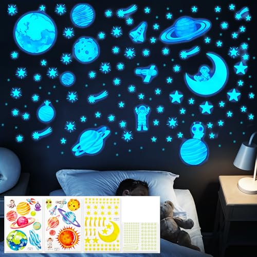 SNAIL GARDEN Glow in The Dark Sticker,Glow in The Dark Stars and Planets, Bunte und Blaue Licht Nacht Glow Sticker, Leuchtende Wandaufkleber für Kinder Schlafzimmer Kinderzimmer Wohnzimmer Dekoration von SNAIL GARDEN