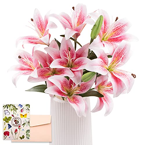 SNAIL GARDEN 12 Köpfe Künstliche Lilien Blumen, 50cm Langer Stiel Lilien Kunstblumen mit 9 Blühende Köpfe & 3 Knospen mit Grußkarte & Papiertüte, Künstliche Blumen für Haus Geschenk Büro Dekor von SNAIL GARDEN