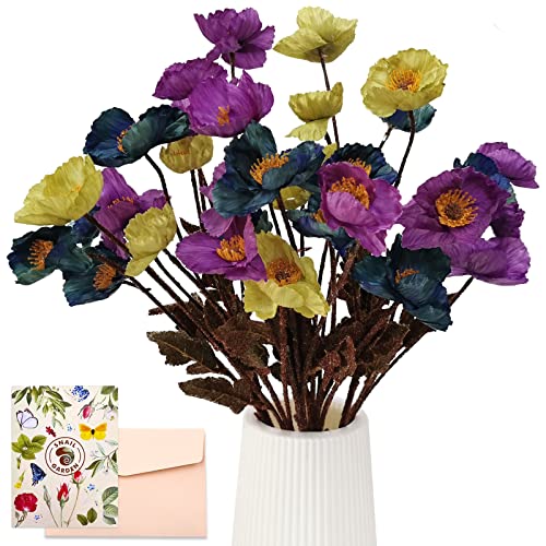 SNAIL GARDEN 32 Köpfe Künstliche Mohnblumen, 56cm Langer Stiel Mohnblumen Künstlich Gefälschte Mohnblume Lila Herbstgrün & Blau mit Grußkarte & Papiertüte, Künstliche Blumen für Haus Geschenk Dekor von SNAIL GARDEN