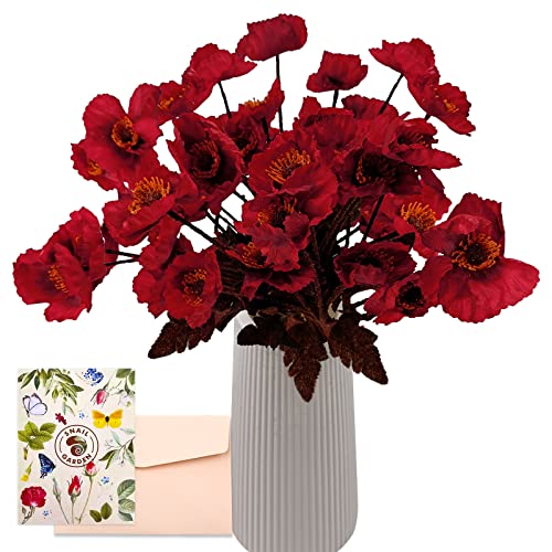 SNAILGARDEN 32 Köpfe Künstliche Mohnblumen, 56cm Langer Stiel Mohnblumen Künstlich Gefälschte Mohnblume Rot mit Grußkarte & Papiertüte, Künstliche Blumen für Haus Geschenk Büro Dekor von SNAIL GARDEN