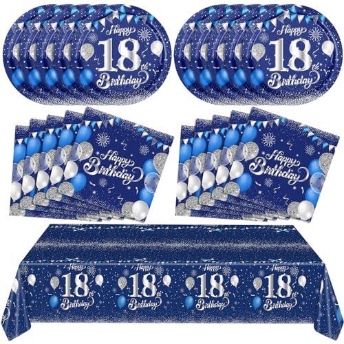 Blaue 18. Geburtstag Dekorationen für Jungen Mädchen Marineblau Silber Happy 18th Birthday Servietten Tischdecke Teller für 18. Geburtstag Jahrestag Party Supplies Jahr alt Party Dekorationen von SNIMICS