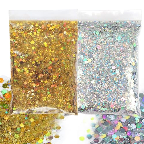 SNONESIY Glitzer Basteln Glitzerpulver 100g (50g Gold + 50g Silber) - Bastelglitzer, Glitter, Silber, Gold, 100g von SNONESIY