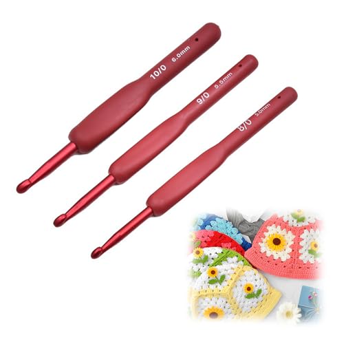 3 Stück Häkelnadeln Ergonomisch Crochet Hook mit Weichen Griffen Häkelnadel 6mm Häkelnadel 5mm Crochet Hooks für Häkelbegeisterte mit Nähnadeln+Markierungsknöpfe (Burgunderrot/5 Mm/5,5 Mm/6 Mm) von SNONESIY