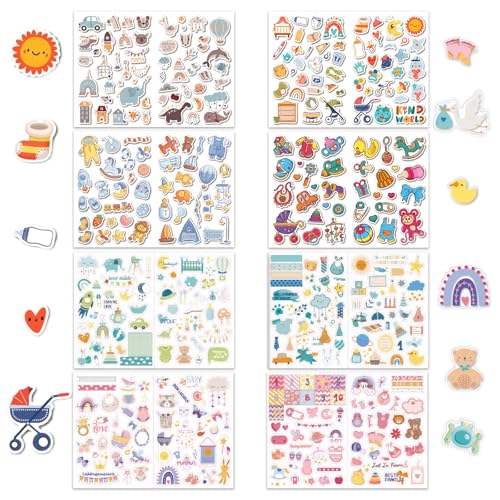 400 Stück Stickers Babyalbum Sticker 8Blatt Baby Sticker Fotoalbum, Selbstklebend Babyalbum Sticker, Dekorativ Aufkleber für Kinder und Baby Fotoalben,für Babyparty-Dekoration Geschenk Album Notizbuch von SNONESIY