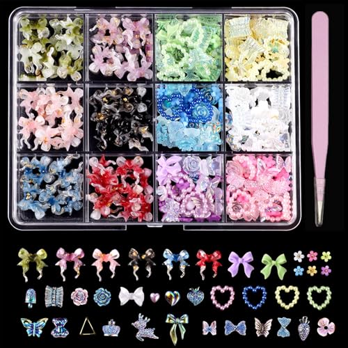 650 Pcs Nagel-Charms Schleife Strasssteine,Charms Nägel Farbe Glitzersteine Nägel,Nail Art Zubehör Blume,Kristall,Diamant,Geeignet für Damen und Mädchen Diy-Maniküre Mit 1 Pinzette von SNONESIY