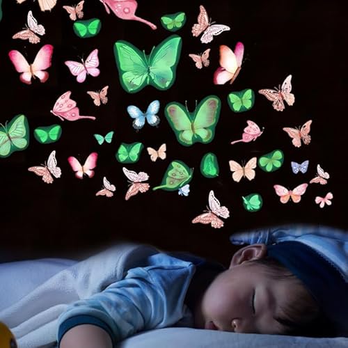 76 Stück Wandtattoo Schmetterlinge Leuchtend, 3D Glühen Wandtattoo Schmetterling Deko, Schmetterlinge für Die Wand, Luminous Schmetterling Sticker, für Wohnzimmer Schlafzimmer Kinderzimmer Wanddeko von SNONESIY