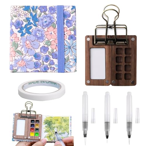 SNONESIY Portable Skizzenbuch Palette Set,Travel Watercolour Set,Mini Aquarell Travel Set,Enthält 1 Palette,1 Zeichenbuch,3 Zeichenstifte und 1 Kreppband,Geeignet für Maler,Künstler und Studenten von SNONESIY