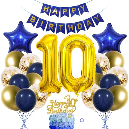 SNOWZAN 10 Geburtstag Deko Junge Mädchen Ballon Deko 10. Geburtstagsdeko Junge Marinebla Gold Geburtstag Tortendeko 10. Geburtstag Deko Luftballon 10.geburtstag Happy Birthday Banner Für Party von SNOWZAN