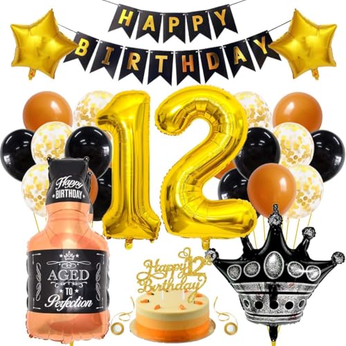 SNOWZAN 12 Geburtstag Deko Junge Mädchen Schwarzes Gold Luftballons Tortendeko 12.geburtstagsdeko 12. Geburtstag Mädchen 12.luftballons Happy Birthday Banner 12 Jahre Happy Birthday Geburtstagdeko von SNOWZAN