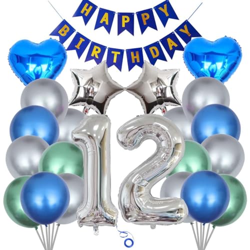 SNOWZAN 23 Stück Silber Blau Luftballons Junge Deko zum 12 Geburtstag Folienballon Zahl 12 Blau Happy Birthday Banner Geburtstagsdeko 12 Happy Birthday 12 Jahre Girlande Banner Deko 12. Geburtstag von SNOWZAN