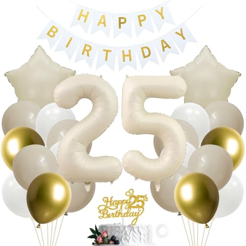 SNOWZAN 25 Geburtstag Deko Mädchen Weiß Gold Deko 25. Geburtstag Mädchen Junge Kuchen Topper Party Deko 25 Geburtstag Junge 25th Birthday Decorations 25 Geburtstag Deko für 25 Jahre Geburtstagsdeko von SNOWZAN