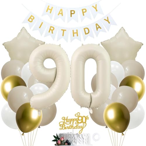 SNOWZAN 90 Geburtstag Deko Mädchen Weiß Gold Deko 90. Geburtstag Mädchen Junge Kuchen Topper Party Deko 90 Geburtstag Junge 90th Birthday Decorations 90 Geburtstag Deko für 90 Jahre Geburtstagsdeko von SNOWZAN